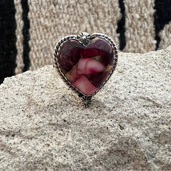 ❤️ Red Dahlia Kingman Turquoise 925 Heart Ring Navajo Southwestern Adj 6.8G - Picture 4 of 15
